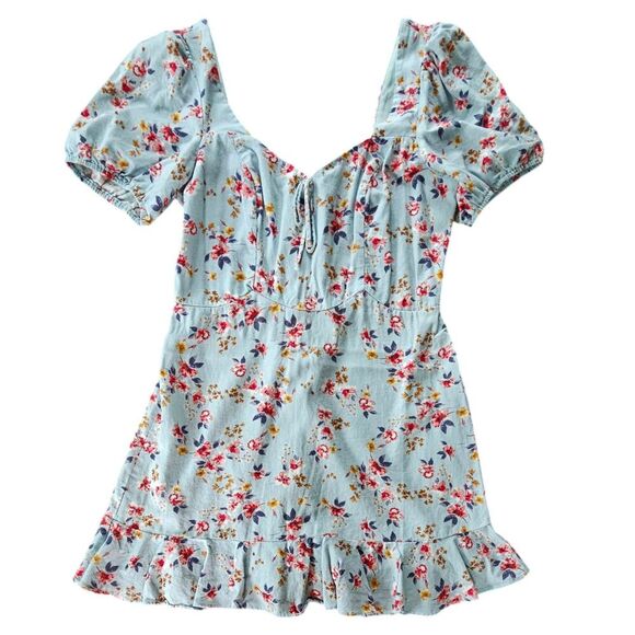 City Triangles Linen Blue Floral Puff Sleeve Mini Dress Fairy Cottagecore XL - Picture 2 of 10